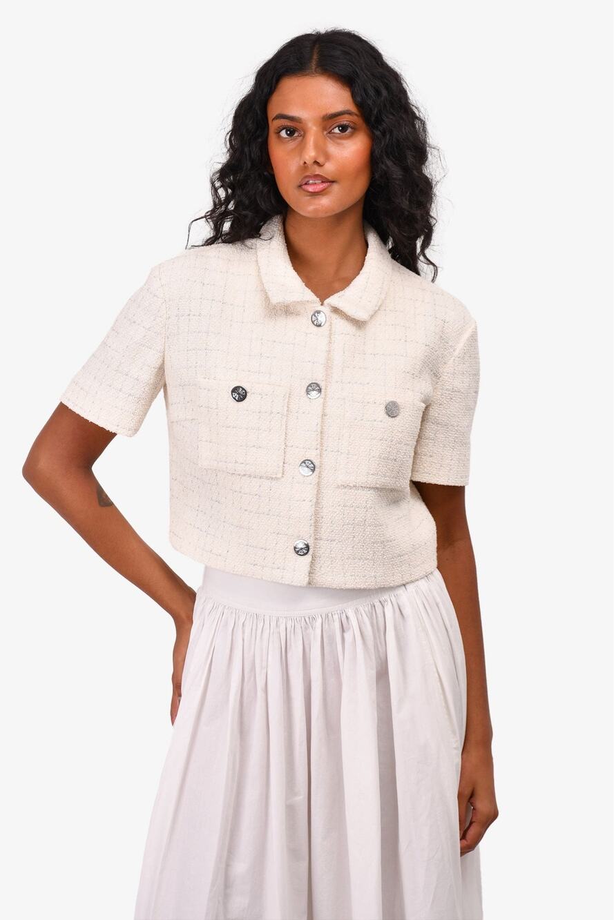 Maje Villoni Crop Tweed Jacket in ecru snap front buttons metallic size 34 (XS)
